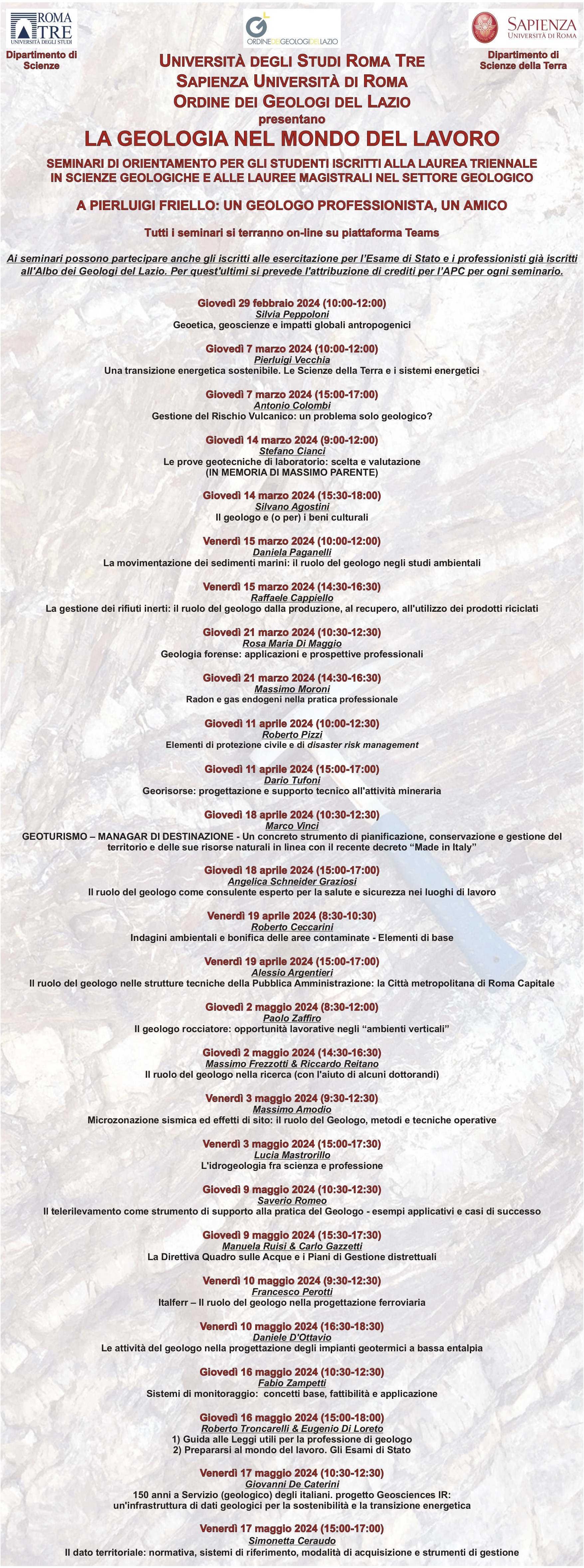 Seminari di orientamento per gli studenti iscritti alla laurea triennale in Scienze Geologiche e alle lauree magistrali nel settore geologico
